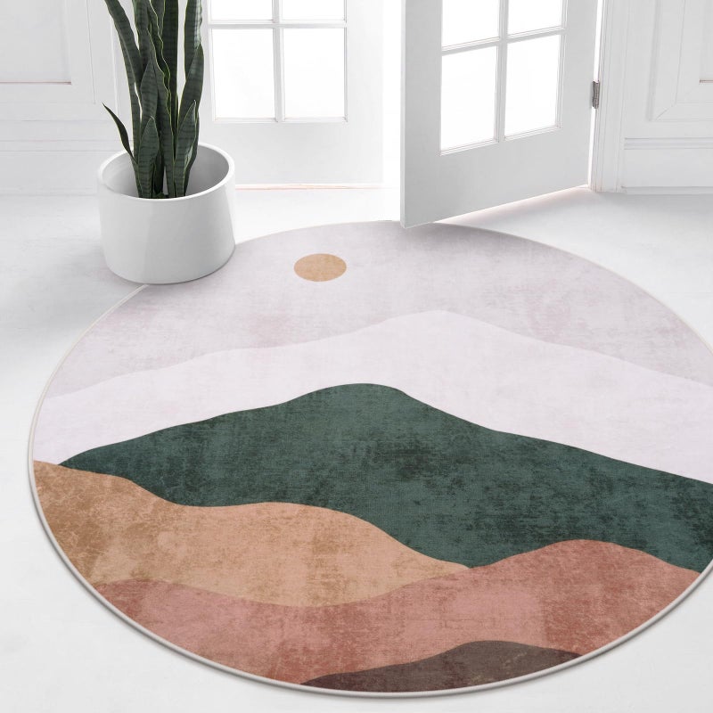Sungea 4ft Abstract Round Rug,Soft Washable Non-Slip Sun and Mountain Circle Kids Room Rugs,Chic Faux Wool Low-Pile Circular Throw Rugs for Entryway/Bedroom/Nursery/Living Room/Bathroom(Grey) - Image 2