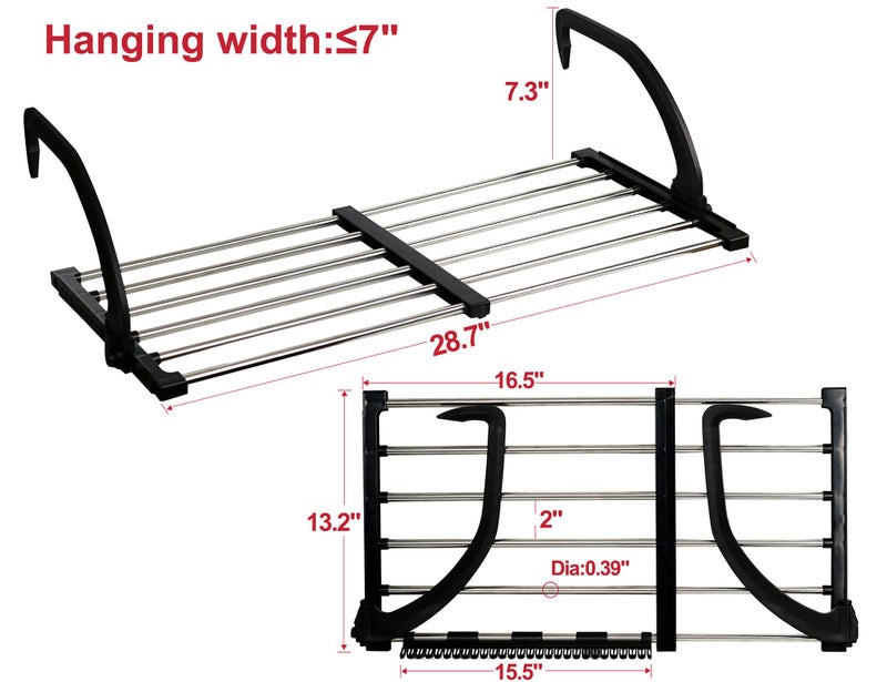 Candumy Portable Clothes Drying Rack for Balcony Railings Windowsill, Folding Towel Rack Indoor Outdoor Retractable Laundry Rack with Sock Clips for Drying Socks - Image 2