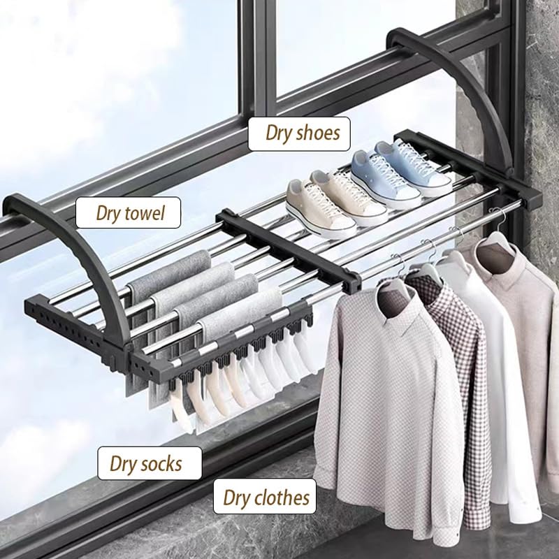 Candumy Portable Clothes Drying Rack for Balcony Railings Windowsill, Folding Towel Rack Indoor Outdoor Retractable Laundry Rack with Sock Clips for Drying Socks - Image 4