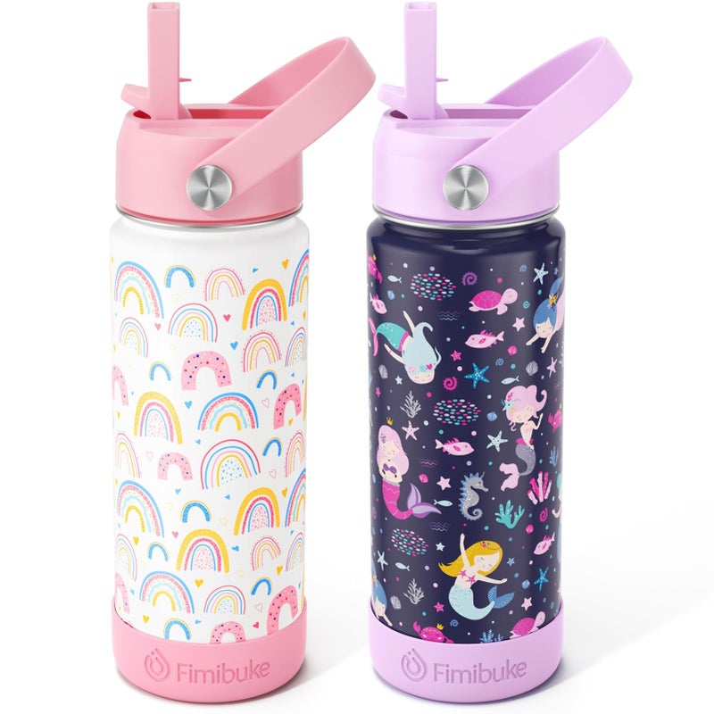 Fimibuke Kids Insulated Water Bottle, 18oz BPA FREE Kids Cup with Straw Double Wall Vacuum Tumbler 18/8 Stainless Steel Leak Proof Toddler Water Bottle for School Boys Girls (2 Pack, Rainbow/Mermaid) - Image 1
