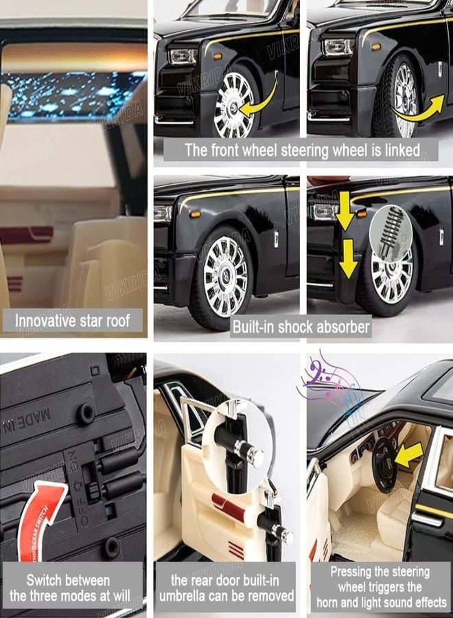 VikriDA 1/24 Rolls-Royce Phantom Model Car,Zinc Alloy Pull Back Toy Diecast Toy Cars with Sound and Light for Kids Boy Girl Gift (Black) - Image 5