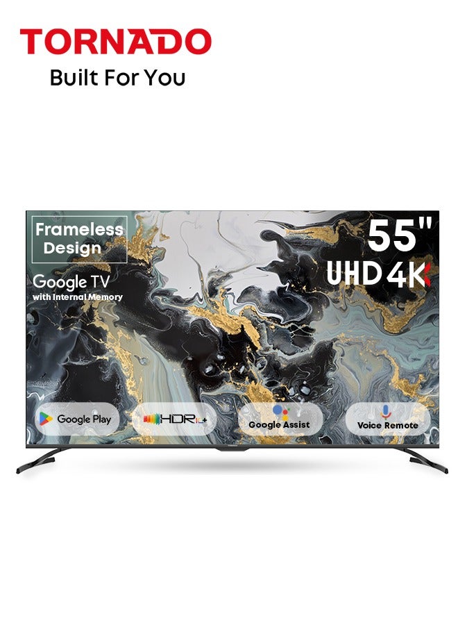 تورنيدو تلفاز ذكي 55 بوصة 4K ULTRA HD، تلفاز جوجل مع تحكم صوتي بدون استخدام اليدين، جهاز استقبال مدمج، دولبي فيجن أتموس، HDR 10+، وضع الألعاب، نطاق ألوان واسع، DTS HD، تلفاز جوجل أندرويد - Image 1