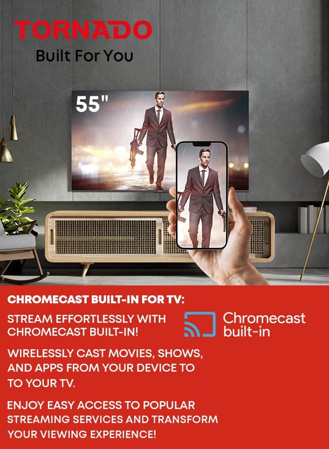 تورنيدو تلفاز ذكي 55 بوصة 4K ULTRA HD، تلفاز جوجل مع تحكم صوتي بدون استخدام اليدين، جهاز استقبال مدمج، دولبي فيجن أتموس، HDR 10+، وضع الألعاب، نطاق ألوان واسع، DTS HD، تلفاز جوجل أندرويد - Image 3