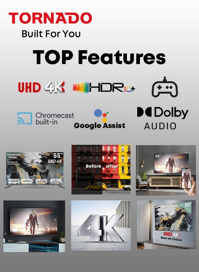 تورنيدو تلفاز ذكي 55 بوصة 4K ULTRA HD، تلفاز جوجل مع تحكم صوتي بدون استخدام اليدين، جهاز استقبال مدمج، دولبي فيجن أتموس، HDR 10+، وضع الألعاب، نطاق ألوان واسع، DTS HD، تلفاز جوجل أندرويد - Image 5