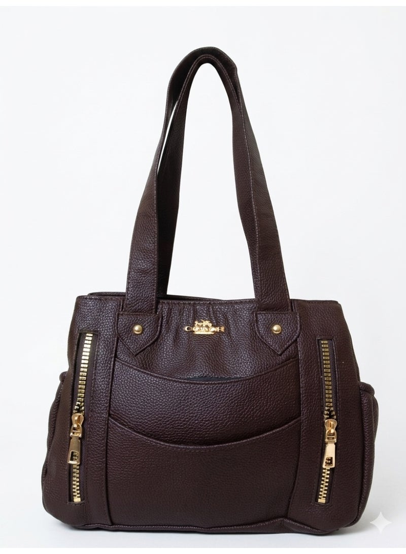 Women's Leather Multi Pocket Handbag with Gold Zippers Elegant Design (Brown)