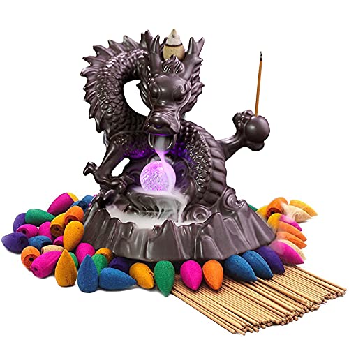 Dragon Incense Waterfall Burner with Color Changing Crystal Ball Backflow Incense Cones Insencents Sticks for Home Fragrance and Ornament