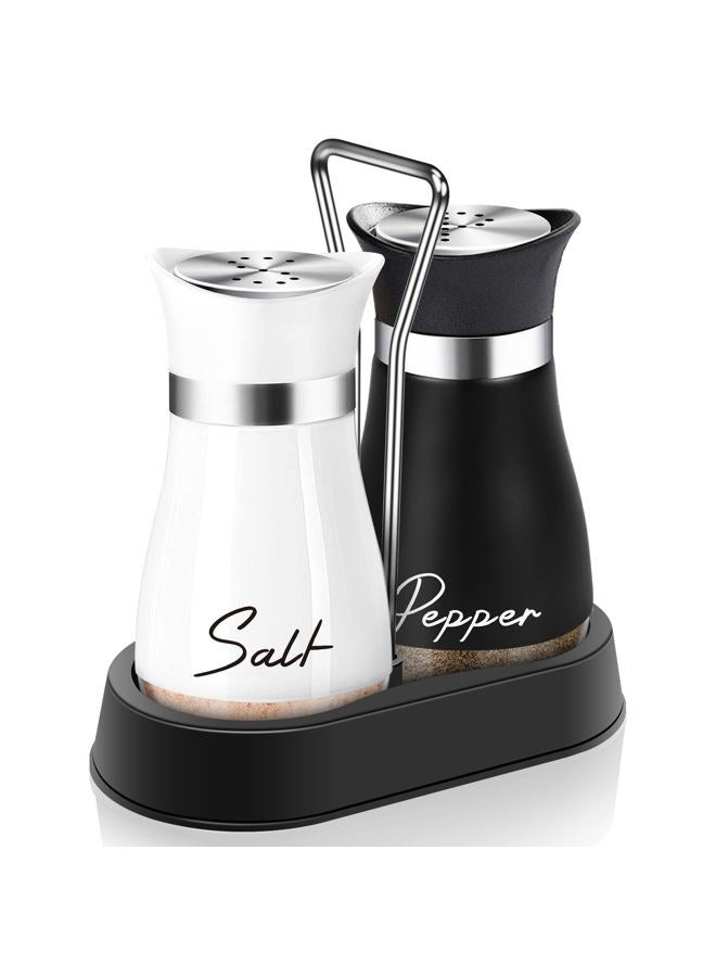 Arrozon Salt and Pepper Shakers Set with Holder,4 oz Bottom Salt Shaker with Stainless Steel Lid for Kitchen Gadgets Cooking Table Housewarming Gift Christmas Decor Refillable Design (Black + White) - Image 1