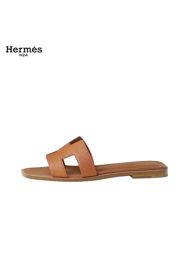 Hermes H24 حذاء مسطح مفتوح من الأمام من جلد العجل من Hermes H24 Oran، بنمط H، للنساء، صيفي، بني H - Image 3