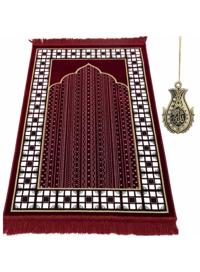 Modefa Prayer Mat - Thin Lightweight Velvet Turkish Muslim Prayer Rug - Prayer Rug Islam Men - Islamic Prayer Rug Sajjadah Prayer Mats Namaz Mat for Salah Islamic Gift Car Hanger - Vined Arch (Red) - Image 1
