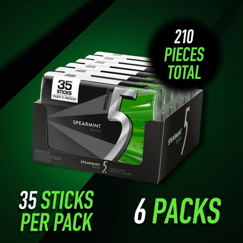 5 GUM - Spearmint Rain Sugar-Free, Chewing Gum, 35-Stick Pack, 6 Packs, Spearmint Rain - Image 3