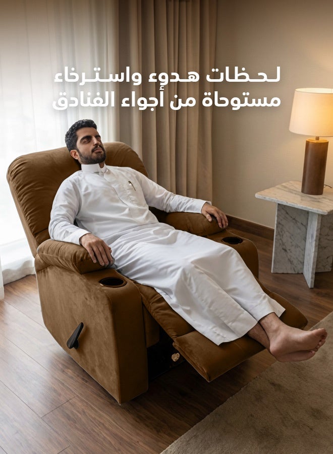 REGAL IN HOUSE Cinematic Velvet Upholstered Classic Recliner Chair With Bed Mode - Brown - 90x95x80cm - Image 2