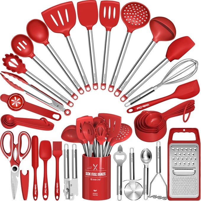 KITCHEN UTENSILS SET 34 PCS COOKING UTENSILS WITH GRATER SPOON SPATULA HEAT RESISTANT FOOD GRADE SILICONE STAINLESS STEEL HANDLES KITCHEN GADGETS TOOLS SET FOR NONSTICK COOKWARERED