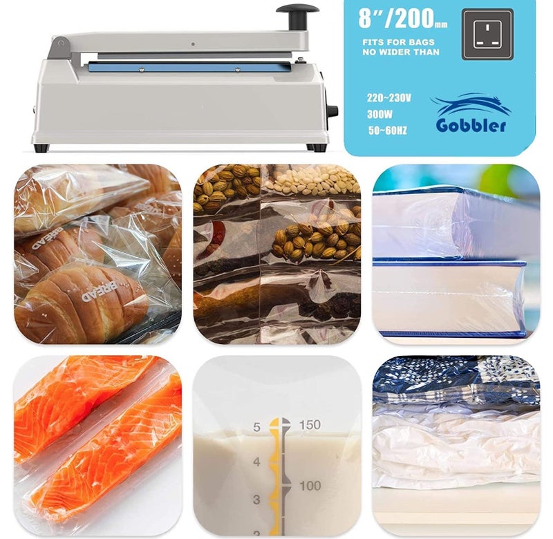 GOBBLER 200mm 8" Inch Electric Heat Sealing Machine for Plastic Bags Impulse Sealer Metal Body - White (PFS-200 MT) - Image 3