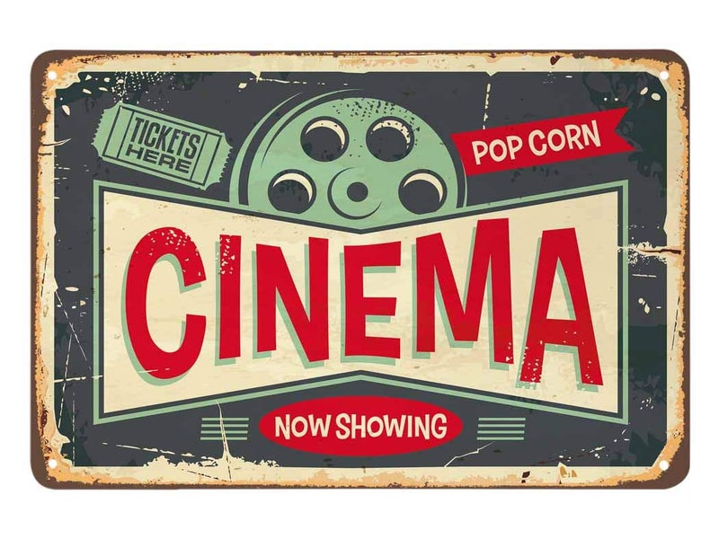 AOYEGO Cinema Tin Sign,Tickets Here Pop Corn and Movie Now Showing Vintage Metal Tin Signs for Cafes Bars Pubs Shop Wall Decorative Funny Retro Signs for Men Women 8x12 Inch - Image 1