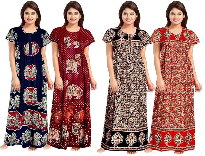 Vlazom Women's Cotton Nightgown – Pack of 4 Printed Maxi Nighties | Ankle Length Night Dress | Free Size Sleepwear (Option-22, Free Size) - Image 1
