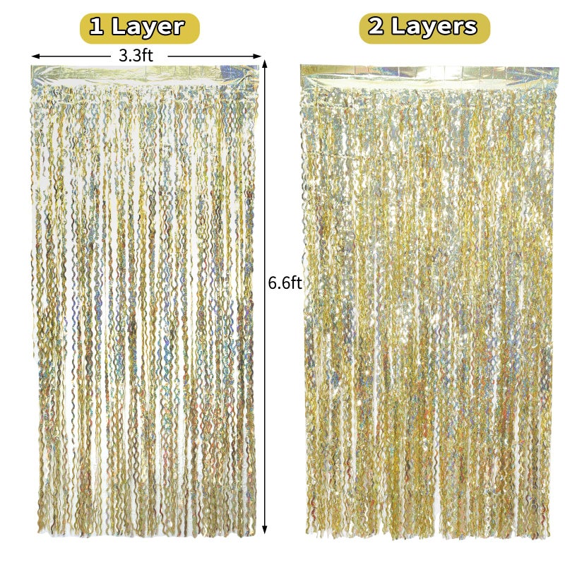 KEEUH 4 Pack Wavy Sparkle Champagne Gold Metallic Tinsel Foil Fringe Curtains Photo Booth Backdrop | Gold Streamer Backdrop for Holiday Celebration Bachelorette Party Decorations - Image 5