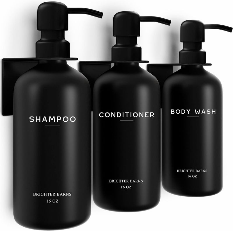 Brighter Barns Black Shampoo and Conditioner Dispenser Set Wall Mounted by - 3 Chamber No Drill Shampoo Bottles for Shower Wall - Refillable Plastic Shower Soap Dispenser for Airbnb, RV, Hotel (Black) - Image 1