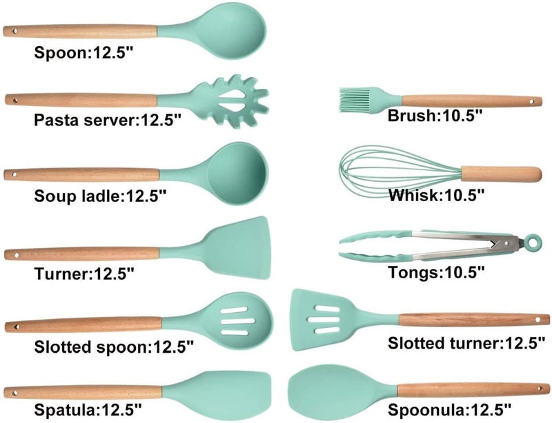 ZUNBELLA 12 Pcs Silicone Spatula Set Sturdy Wooden Handle Kitchen Accessories for Cooking BPAFree Heat Resistant Flexible Non Toxic Silicon Cookware Tools with Holder Green - Image 5