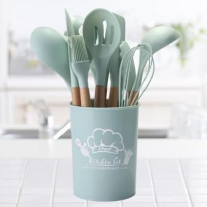 ZUNBELLA 12 Pcs Silicone Spatula Set Sturdy Wooden Handle Kitchen Accessories for Cooking BPAFree Heat Resistant Flexible Non Toxic Silicon Cookware Tools with Holder Green - Image 2