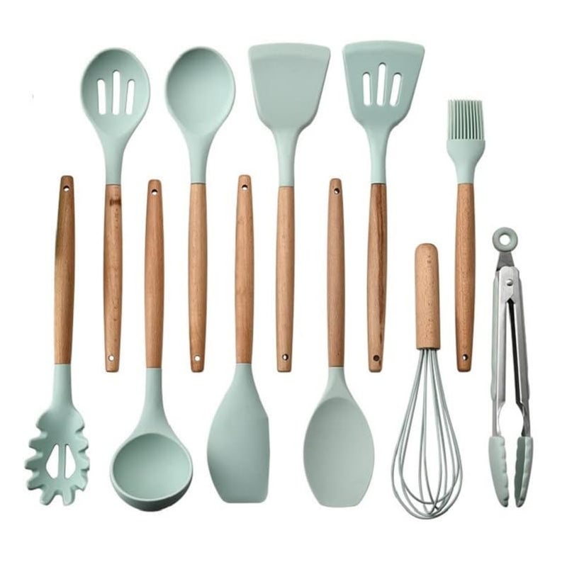 ZUNBELLA 12 Pcs Silicone Spatula Set Sturdy Wooden Handle Kitchen Accessories for Cooking BPAFree Heat Resistant Flexible Non Toxic Silicon Cookware Tools with Holder Green - Image 1