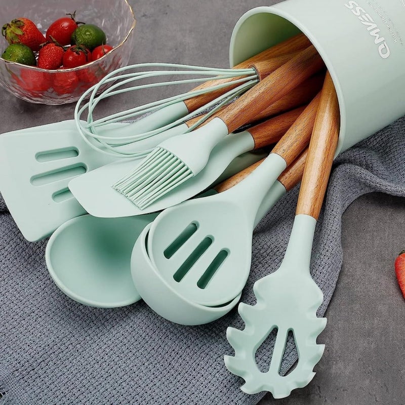 ZUNBELLA 12 Pcs Silicone Spatula Set Sturdy Wooden Handle Kitchen Accessories for Cooking BPAFree Heat Resistant Flexible Non Toxic Silicon Cookware Tools with Holder Green - Image 3