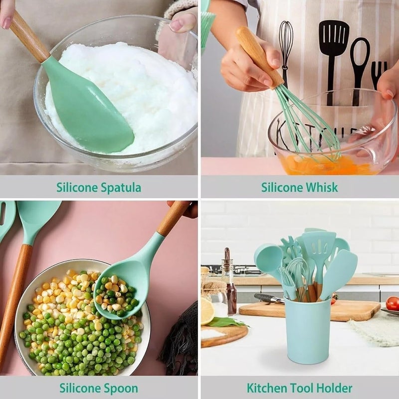 ZUNBELLA 12 Pcs Silicone Spatula Set Sturdy Wooden Handle Kitchen Accessories for Cooking BPAFree Heat Resistant Flexible Non Toxic Silicon Cookware Tools with Holder Green - Image 4