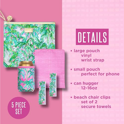 Lilly Pulitzer Water Resistant Vinyl Beach Day Pouch, Zipper Bag Includes Drink Hugger, Small Pouch, and Towel Clips, Suite Views - Image 3