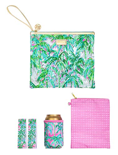 Lilly Pulitzer Water Resistant Vinyl Beach Day Pouch, Zipper Bag Includes Drink Hugger, Small Pouch, and Towel Clips, Suite Views - Image 1