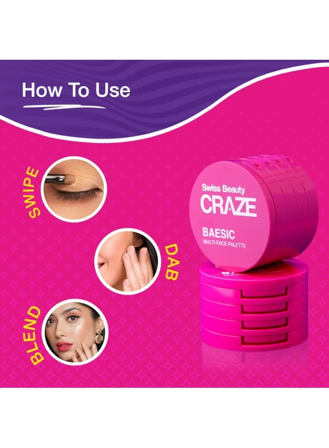 Swiss Beauty Swiss Beauty Cris Basic 4-in-1 Multi-Face Palette | Lip & Cheek Cream | 2 Eyeshadows | Highlighter | Dilulu, 6g