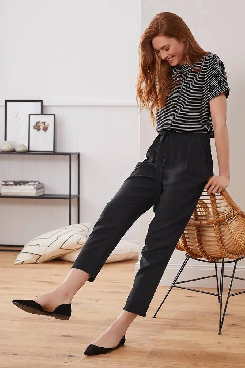 Tchibo Women Plain Tie Belt Woven Trousers, Black - Image 1