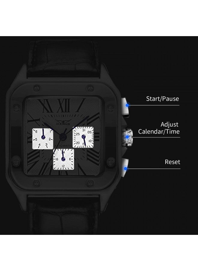 Gute Mens Watches, Mechanical Calendar Automatic Self-Winding Roman Numeral PU Leather Wrist Watch with Blue Hands - Image 3
