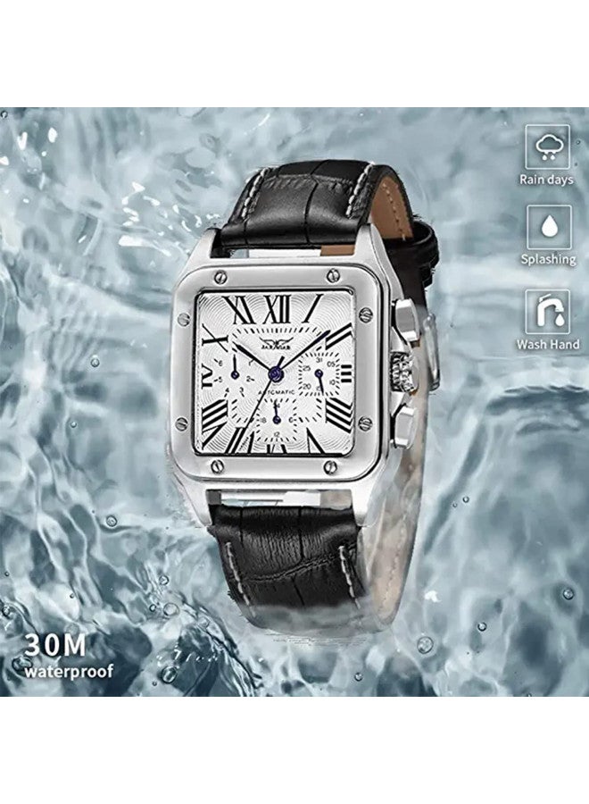Gute Mens Watches, Mechanical Calendar Automatic Self-Winding Roman Numeral PU Leather Wrist Watch with Blue Hands - Image 4