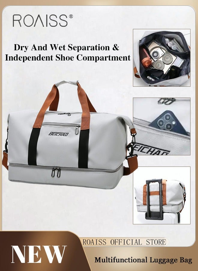 roaiss Multi Functional Large Capacity Carry on Luggage Bag Wet and Dry Separation Shoe Compartment Gym Bag Suitcase with Pull Rod Perfect for Teens Lightweight Waterproof Casual Short Business Trips Bag Grey - Image 1