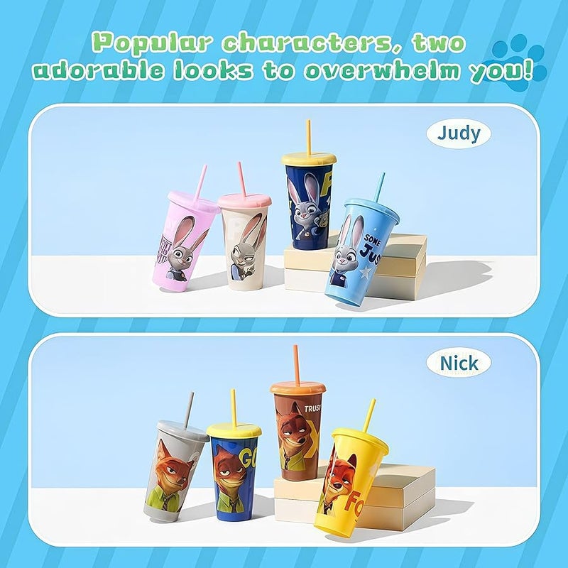 ميني سو MINISO Disney Zootopia Plastic Straw Cup 4-Piece Set with Lids and Straws, 520ml Large Capacity, Judy and Nick Character Design (Nick) - Image 3