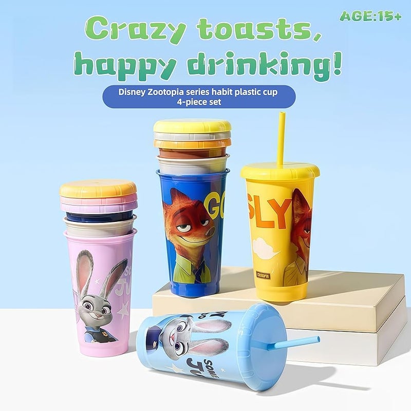 ميني سو MINISO Disney Zootopia Plastic Straw Cup 4-Piece Set with Lids and Straws, 520ml Large Capacity, Judy and Nick Character Design (Nick) - Image 2