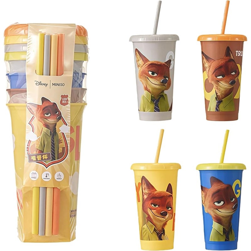ميني سو MINISO Disney Zootopia Plastic Straw Cup 4-Piece Set with Lids and Straws, 520ml Large Capacity, Judy and Nick Character Design (Nick) - Image 1