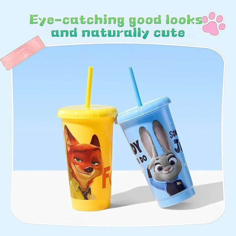 ميني سو MINISO Disney Zootopia Plastic Straw Cup 4-Piece Set with Lids and Straws, 520ml Large Capacity, Judy and Nick Character Design (Nick) - Image 4