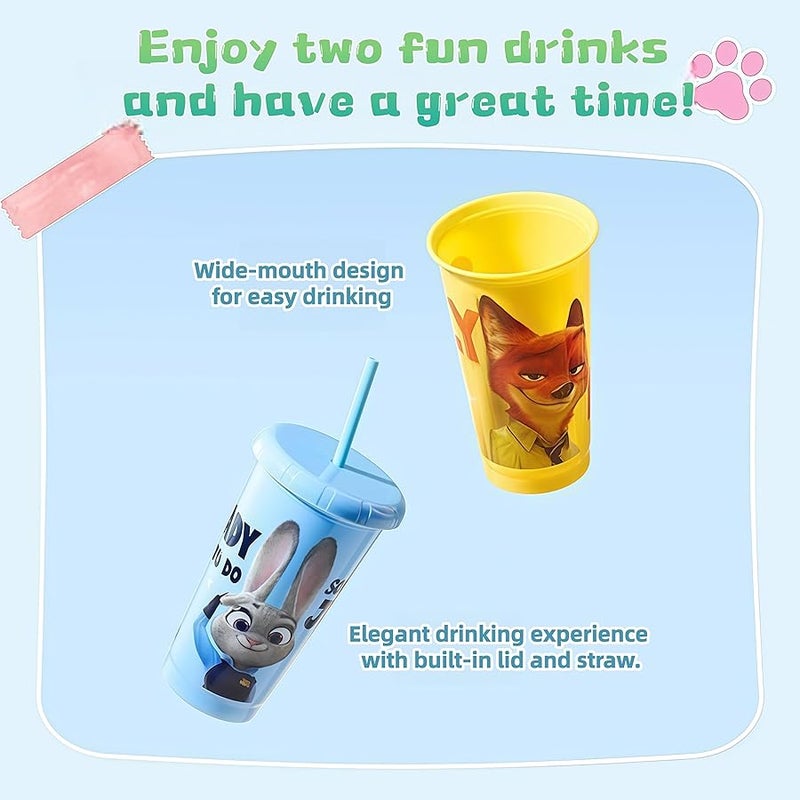 ميني سو MINISO Disney Zootopia Plastic Straw Cup 4-Piece Set with Lids and Straws, 520ml Large Capacity, Judy and Nick Character Design (Nick) - Image 5