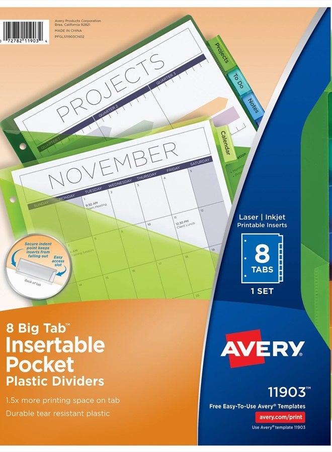 AVERY Avery Dividers for 3 Ring Binders, 8-Tab Binder Dividers, Plastic Binder Dividers with Pockets, Insertable Big Tabs, Multicolor, 1 Set (11903) - Image 1