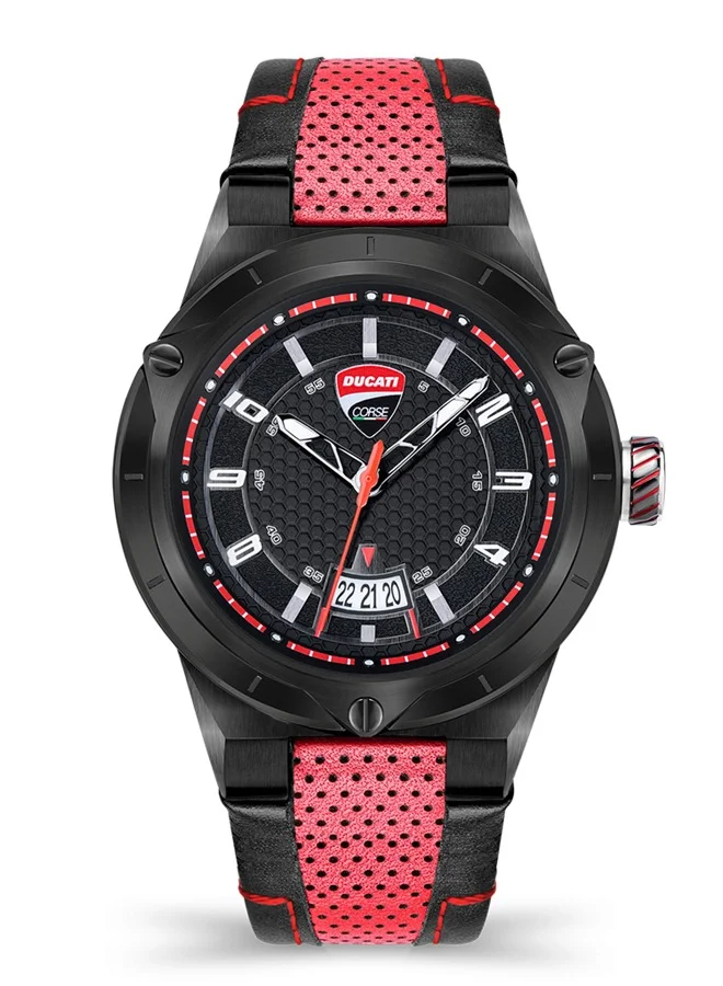 Curva Black Dial Black Red Leather Strap Analog Watch for Men 45 mm