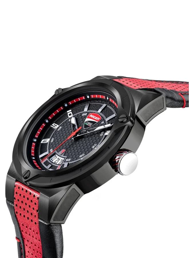 Ducati Corse Curva Black Dial Black Red Leather Strap Analog Watch for Men 45 mm