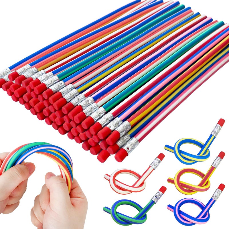 OJYUDD 50 Pack Flexible Bendy Pencil,Colorful Stripe Soft Rubber Pencils with Erasers,Bendable Soft Pencil for Kids,Classroom Gifts,Goodie Bag Fillers - Image 1