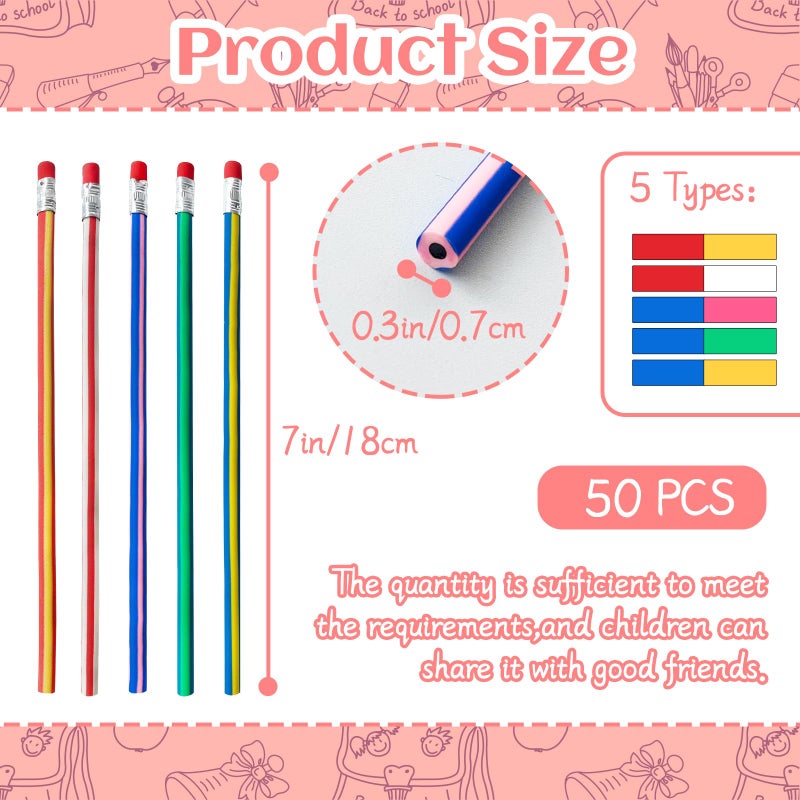 OJYUDD 50 Pack Flexible Bendy Pencil,Colorful Stripe Soft Rubber Pencils with Erasers,Bendable Soft Pencil for Kids,Classroom Gifts,Goodie Bag Fillers - Image 2