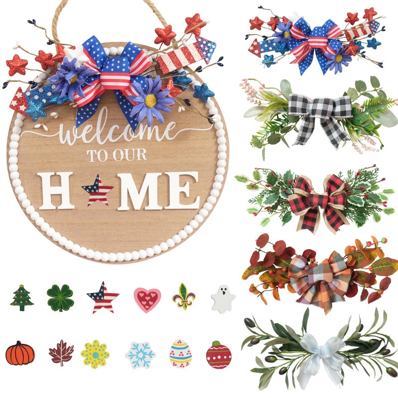 Idyllic 12 Inch Interchangeable Seasonal Welcome Sign Front Door Wreath Decor Wooden Plank with 5 Replaceable Wreaths and 12 Holiday Signs for Year Round Holiday Home Decor Front Door Fireplace - Image 2