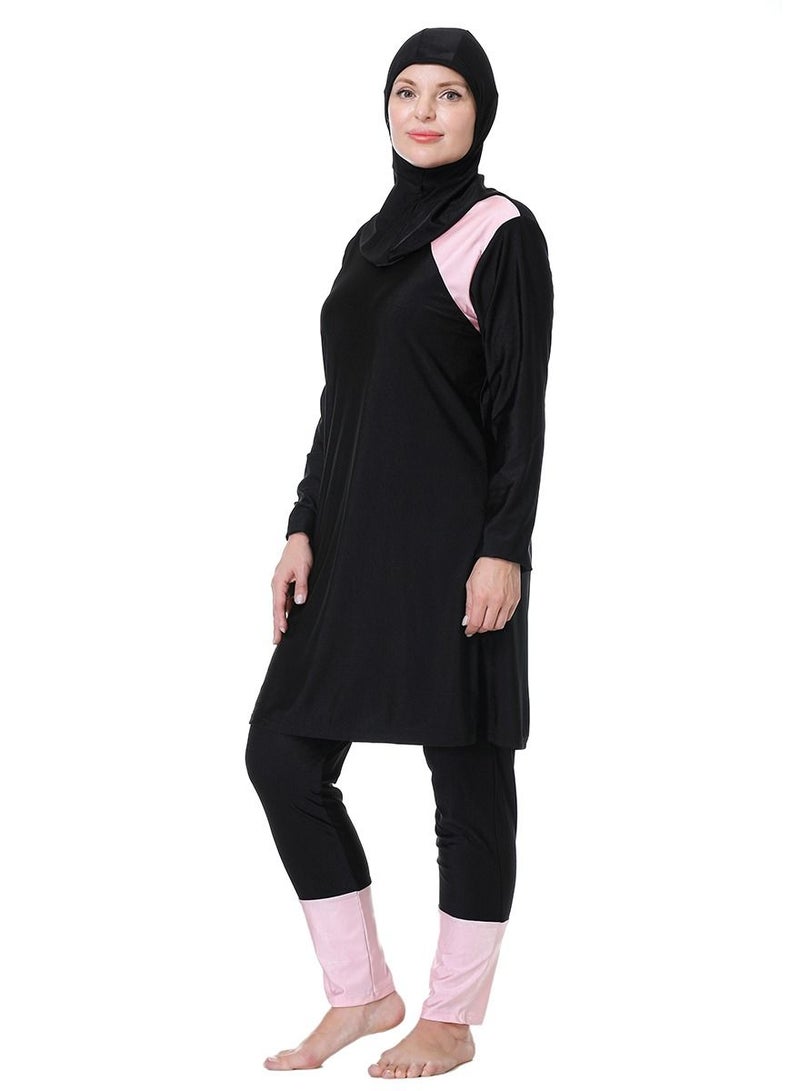 Loquat Big Size 3-Piece Swimwear Set Conservative Style Long Sleeve Burkinis Swimsuit Set Black/Pink - Image 1