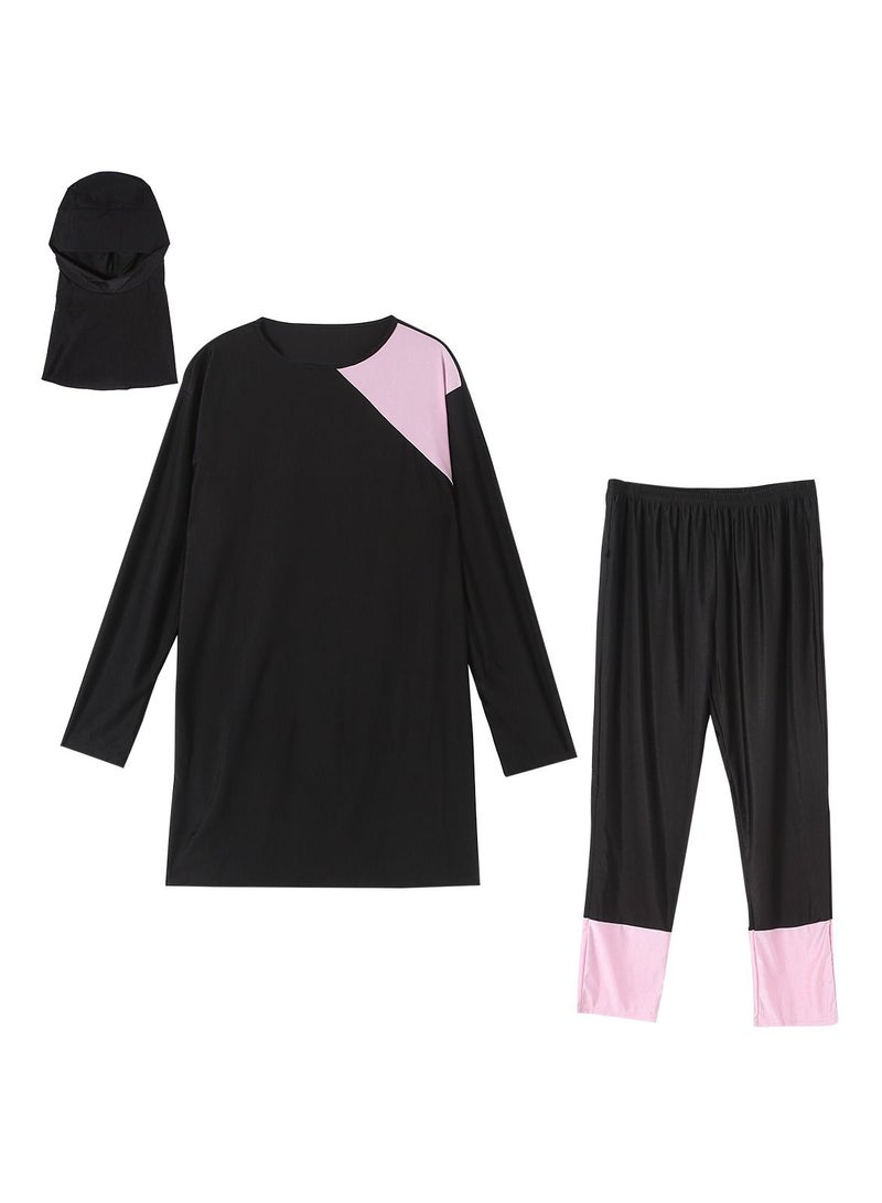Loquat Big Size 3-Piece Swimwear Set Conservative Style Long Sleeve Burkinis Swimsuit Set Black/Pink - Image 2