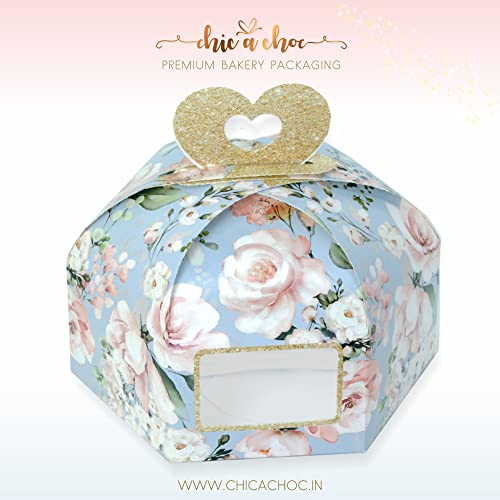 Chic a Choc Half Kg Cake Box with Handle/Hamper Box – ChicaChoc Blue Floral (Pack of 8) Home Bakers, Birthday Wedding Favour, Baby Shower - Image 4