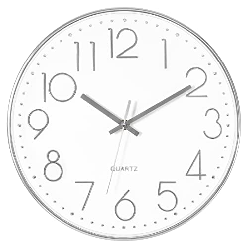 Foxtop Silver Wall Clock Silent NonTicking Battery Operated Round Modern Wall Clock for Office School Home Living Room Bedroom Bathroom Kitchen Decor 12 inch