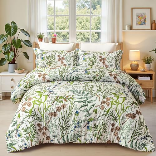 keensoft Queen Comforter Set - 3 Pieces Botanical Bedding Comforter Set, 1 Soft Vintage Beige Plant Flowers Comforter (90"x90") and 2 Pillow Shams(20"x26") Ultra-Soft Comfort Suitable for All Seasons - Image 1