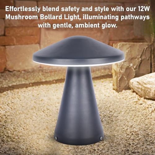 GIGAWATTS MUSROOM Outdoor Gate Light – 12W Integrated Light 101% Rust & Waterproof Die-Casting Aluminum, Polycarbonate Piller Lamp Base Mount Grey Exterior Fixture for Garden Boundary & Home Entrance - Image 3
